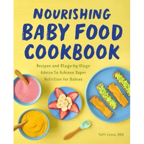 Coocosh's "Nourishing Baby Food Cookbook" features a vibrant yellow cover adorned with playful illustrations, offering parents step-by-step recipes and expert tips for creating healthy, delicious meals that nurture their baby's growth and palate.