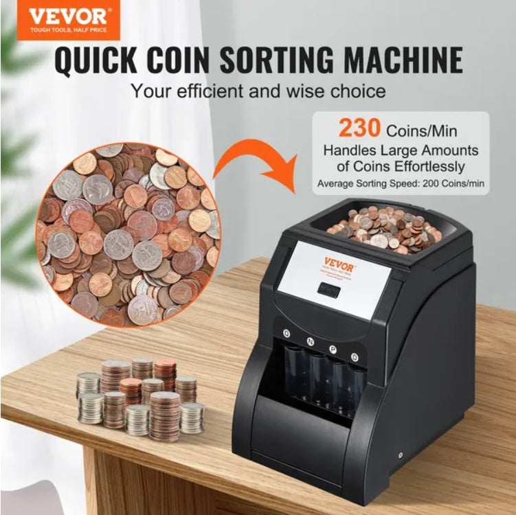 VEVOR USD Coin Sorter, Coin Sorter Machine For USD Coin 1 5 10 25, Sorts Up To 230 Coins Min, Coin Sorter And Wrapper Machine Holds 200 Coins Included 4 Coin Tubes, Black