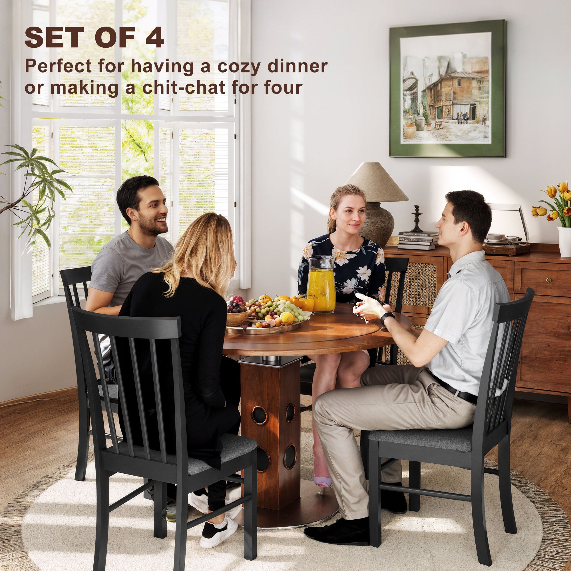 Wooden Dining Chairs Set Of 4 — Farmhouse Upholstered Kitchen Chairs (Black & Gray)