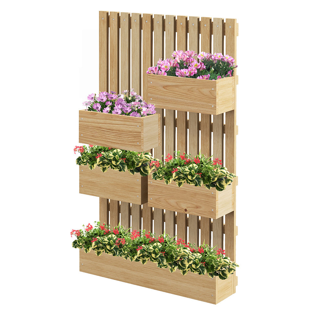 Coocosh Vertical Planter Wall Unit featuring natural wood finish with five vibrant flower boxes planted with pink and green foliage, designed for maximizing garden space indoors or outdoors, dimensions ideal for compact areas, showcasing a contemporary pe