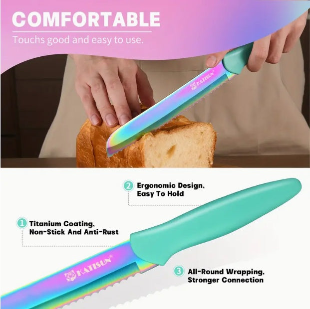 14-Piece Rainbow Colored High Carbon Stainless Steel Kitchen Knife Set with Wooden Stand & Scissors