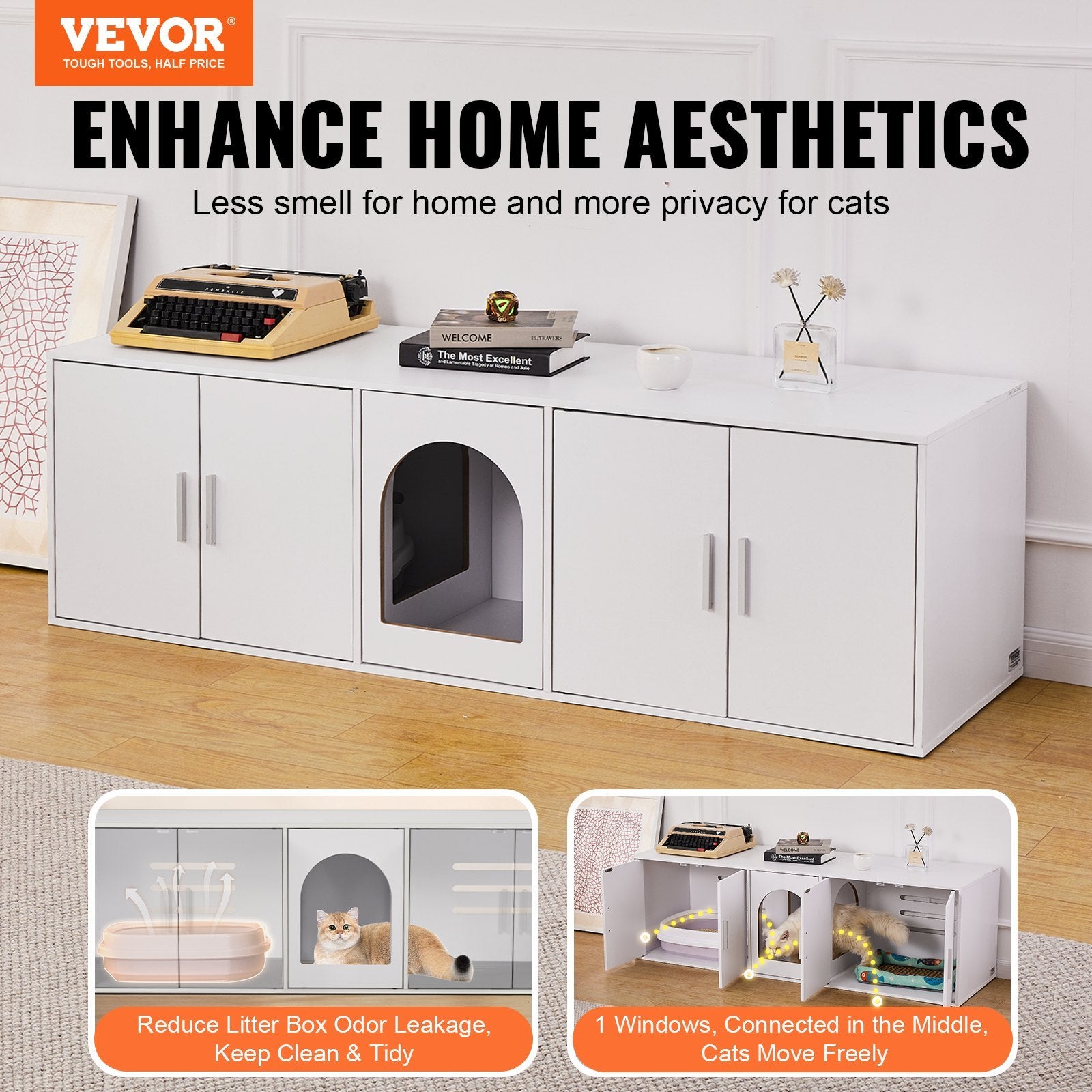VEVOR Cat Litter Box Enclosure, Wooden Furniture Hidden Design, White