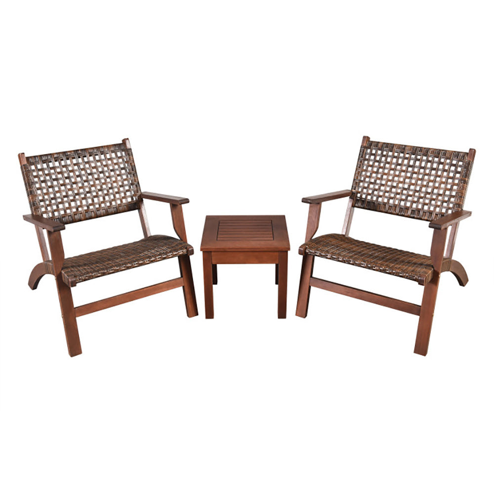 Coocosh patio set featuring premium eucalyptus wood and comfortable armchairs in a rich brown shade, perfect for outdoor gatherings and cozy evenings on your terrace.