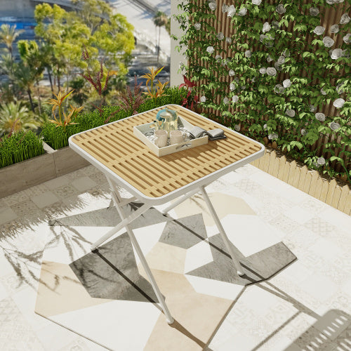 Coocosh Folding Table made of durable Fiberglass with a sleek wood-tone surface, designed for outdoor use. Compact dimensions, perfect for gardens or patios, featuring a stylish contemporary design and lightweight build.