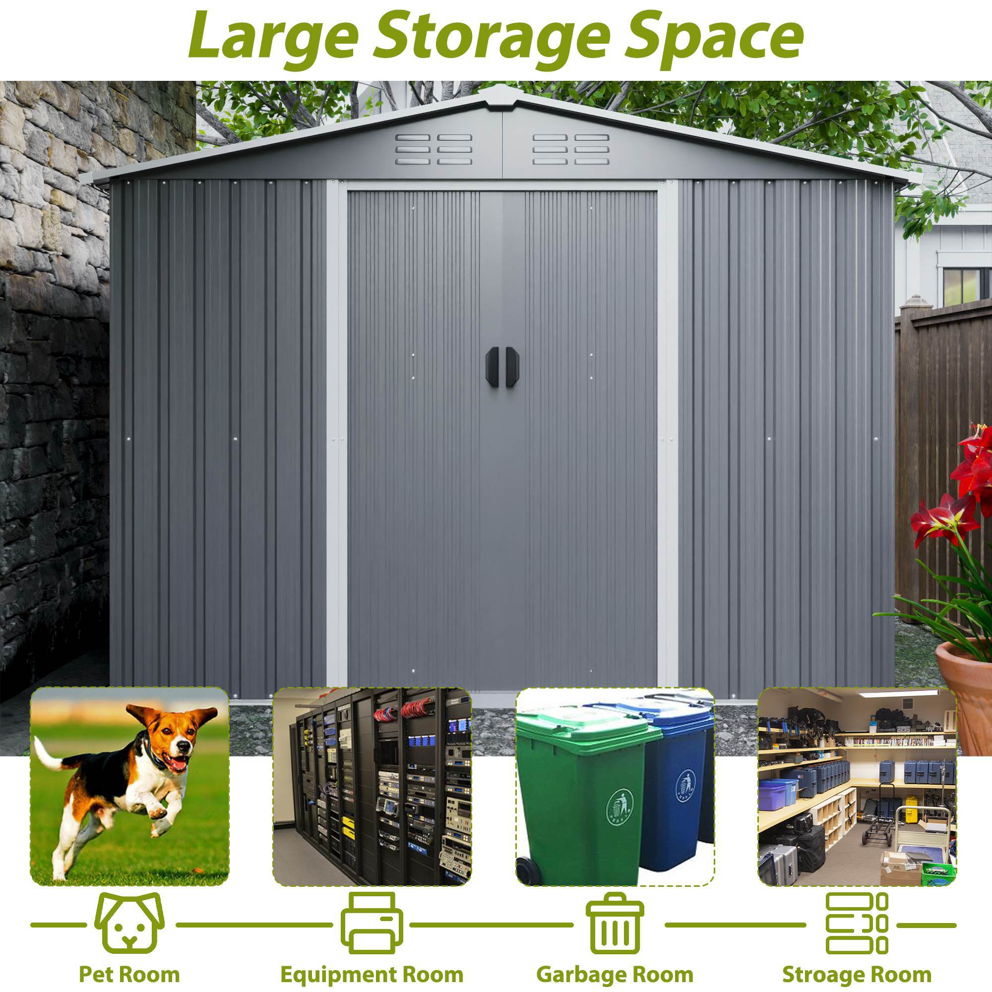 8x6 FT Outdoor Tool Storage Shed With Metal Foundation & Lockable Sliding Doors, Gray