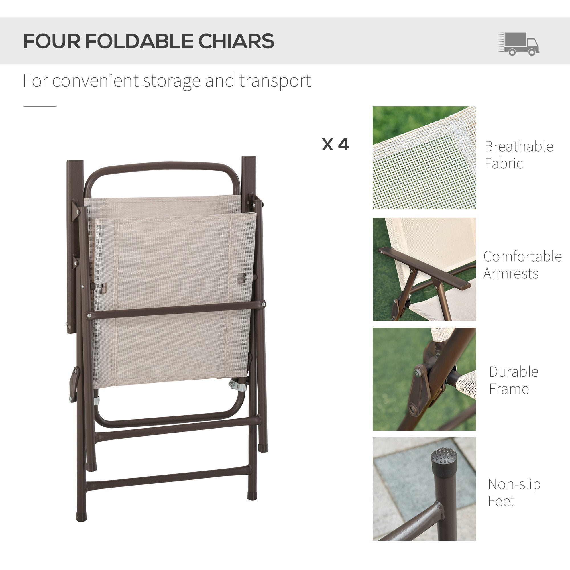 Coocosh patio set crafted with a sleek glass tabletop, foldable chairs, and a protective beige umbrella, designed for comfortable outdoor feasts.