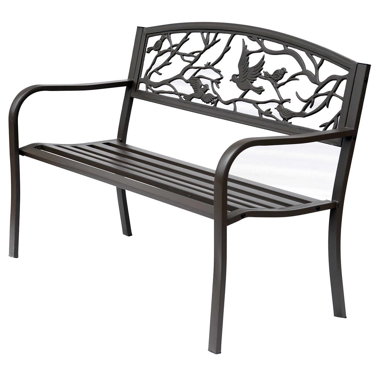 Brown Metal Garden Bench 50" — 2-Seat Patio Bench with Backrest & Armrests