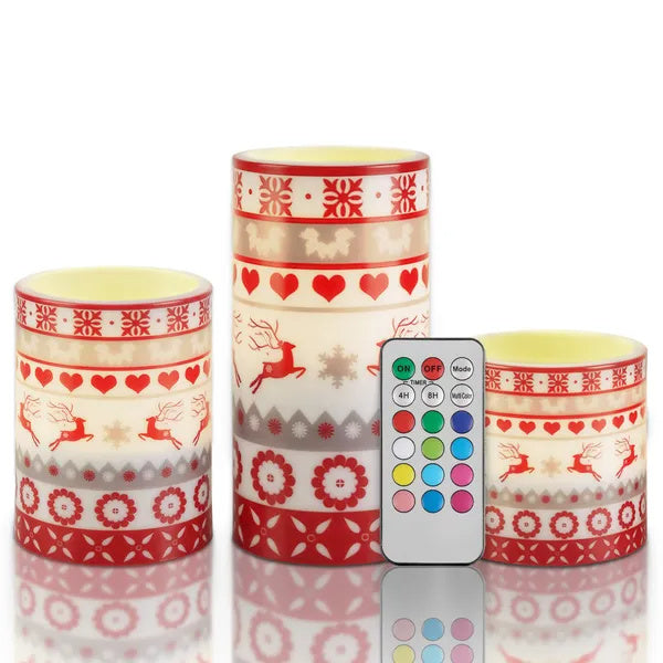 Christmas Flameless LED Candles — Deer Pattern, Remote & Timer (3 pcs)