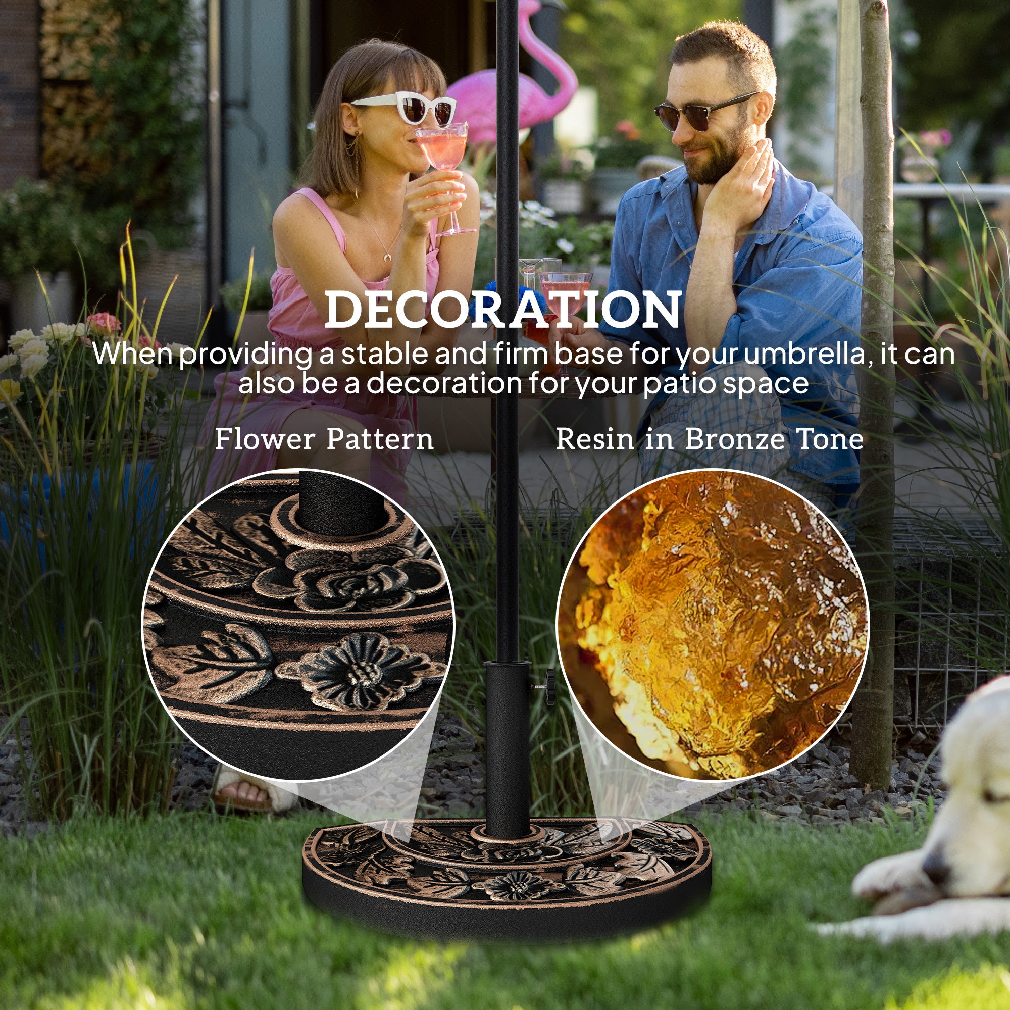 20lbs Half Round Patio Umbrella Base Outdoor Decorative Resin Parasol Stand Holder For 1.5, 1.9 Pole, Lawn, Deck, Garden Use, Bronze