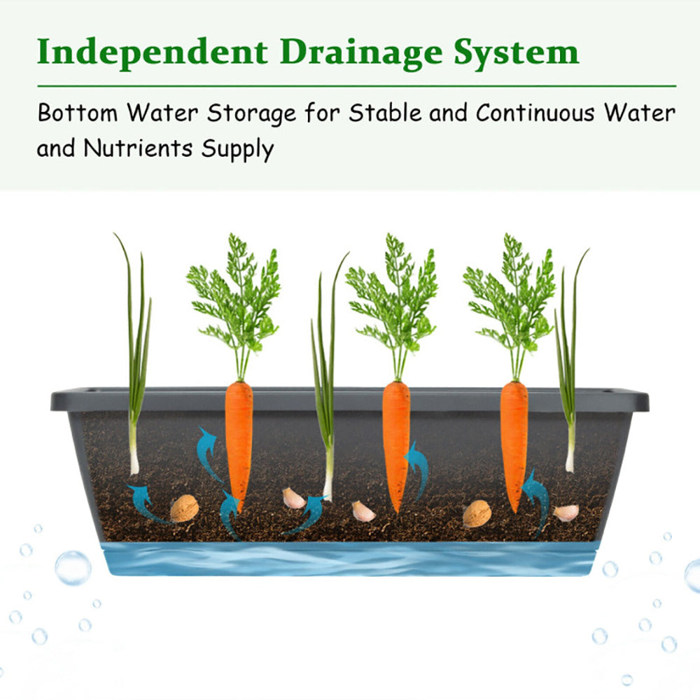 Coocosh Planter Box with Independent Drainage System for optimal water retention, showcasing vibrant carrots and green onions in rich soil, designed for efficient nutrient supply, 30x15 cm, side perspective.