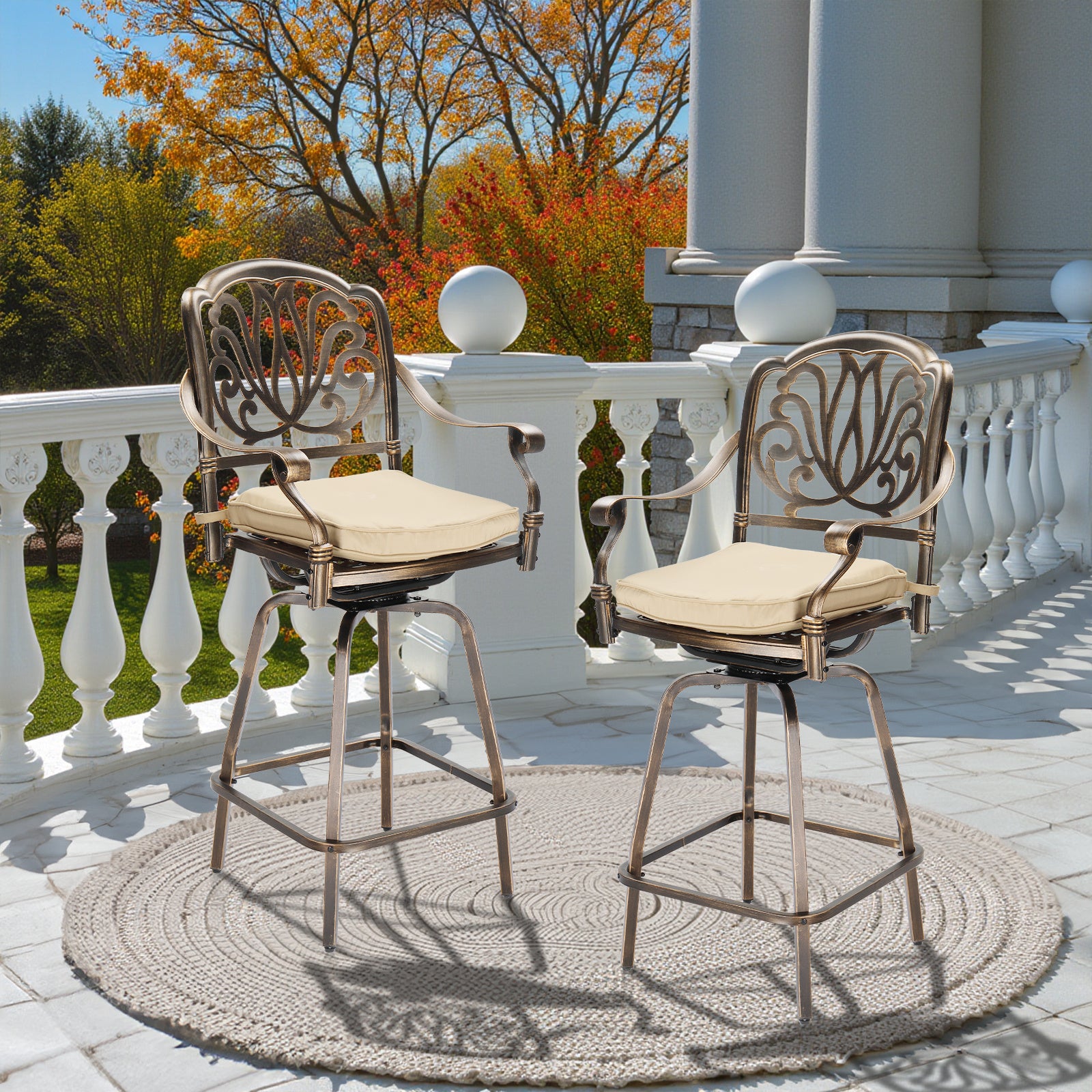 2pcs Bronze Cast Aluminum Swivel Bar Stools Beige Cushions - View 1