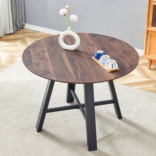 Modern Minimalist Round Dining Table And Coffee Table. 42 Inch Diameter MDF Table Top, Deep Wood Grain Table Top, Black Metal Legs, Fits Home & Office F-1172