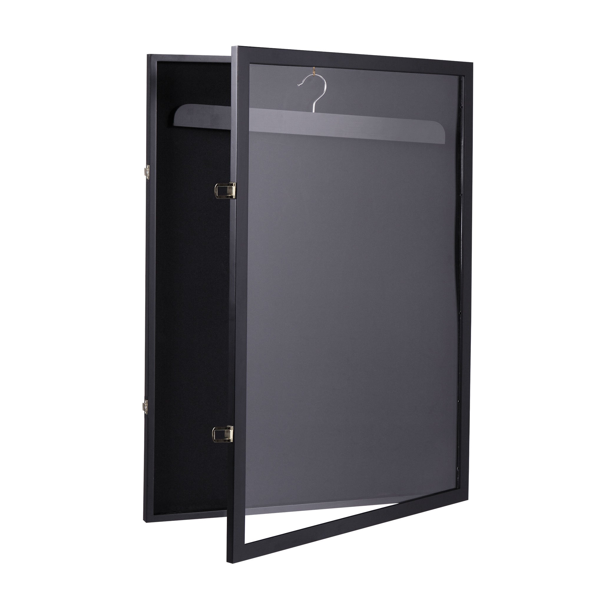 Coocosh wall-mounted garment rack with a smoked glass door and black interior, featuring a silver hook and wooden hanger. This open design showcases clothing storage. Black, standard. 2023-08-16.
