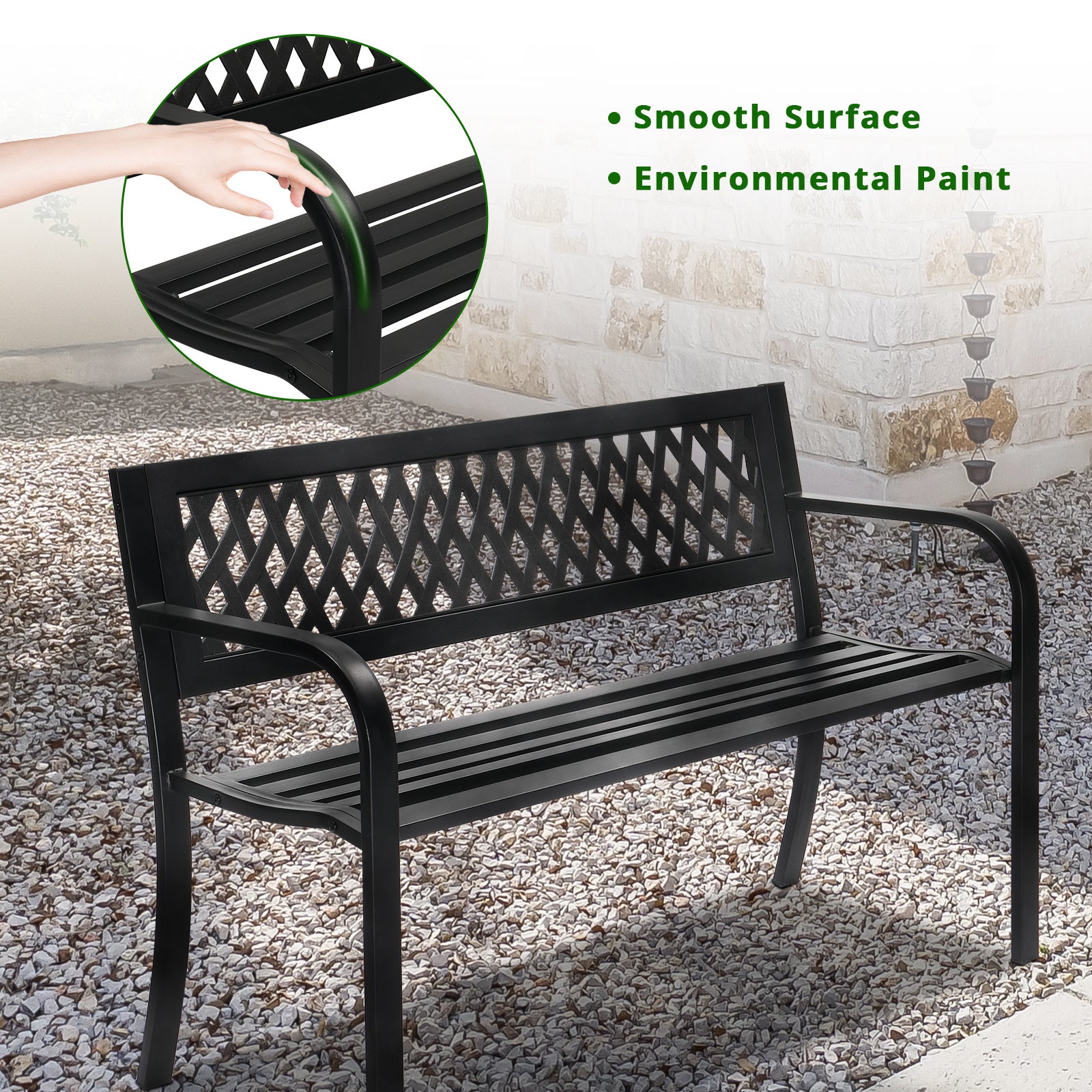 47 Inch PVC Mesh Backrest Black Iron Bench