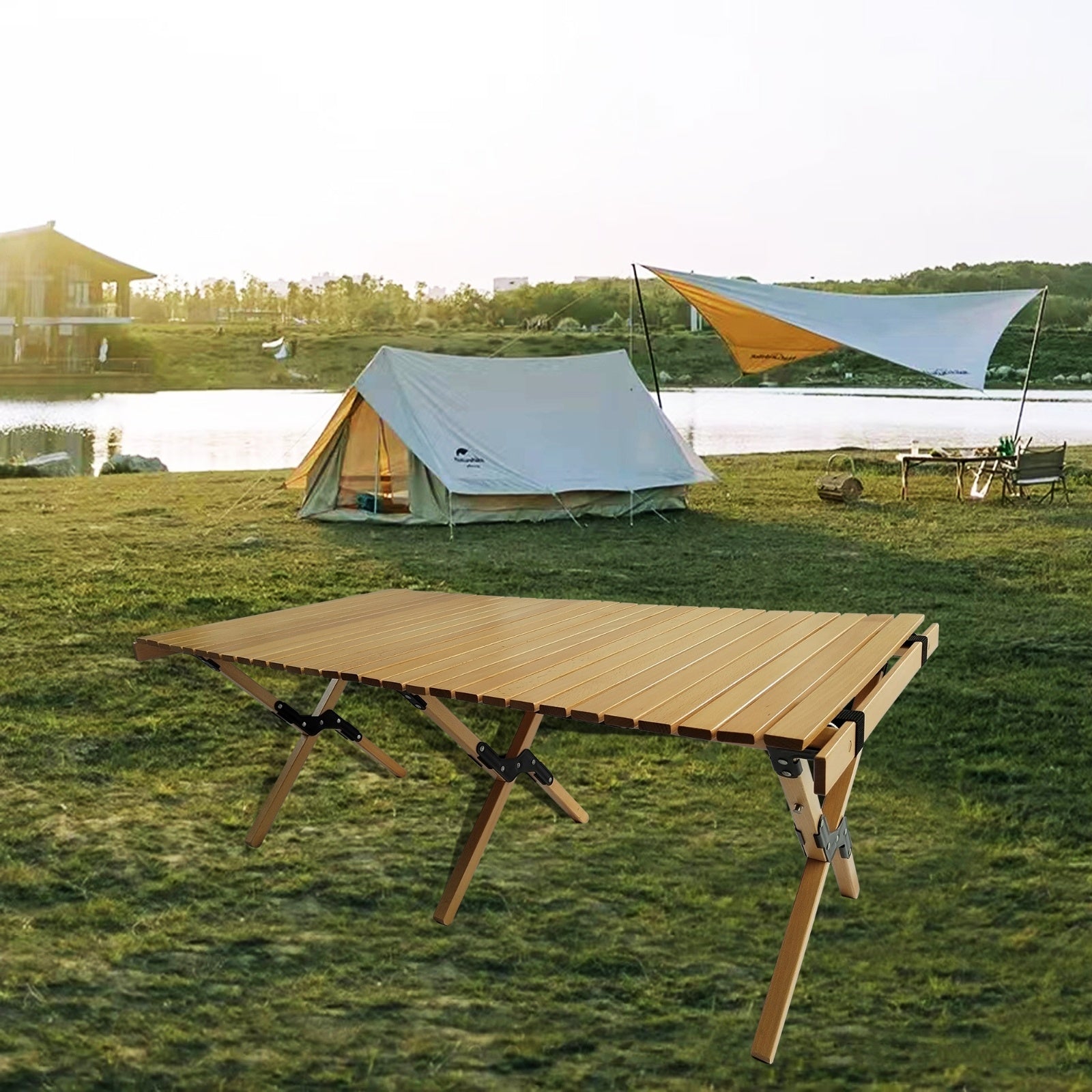 Coocosh multi-function wooden table presents a stylish natural finish, combining solid wood craftsmanship and portable convenience for backyard or indoor dining.