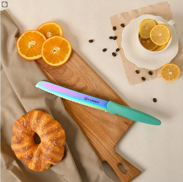 14-Piece Rainbow Colored High Carbon Stainless Steel Kitchen Knife Set with Wooden Stand & Scissors