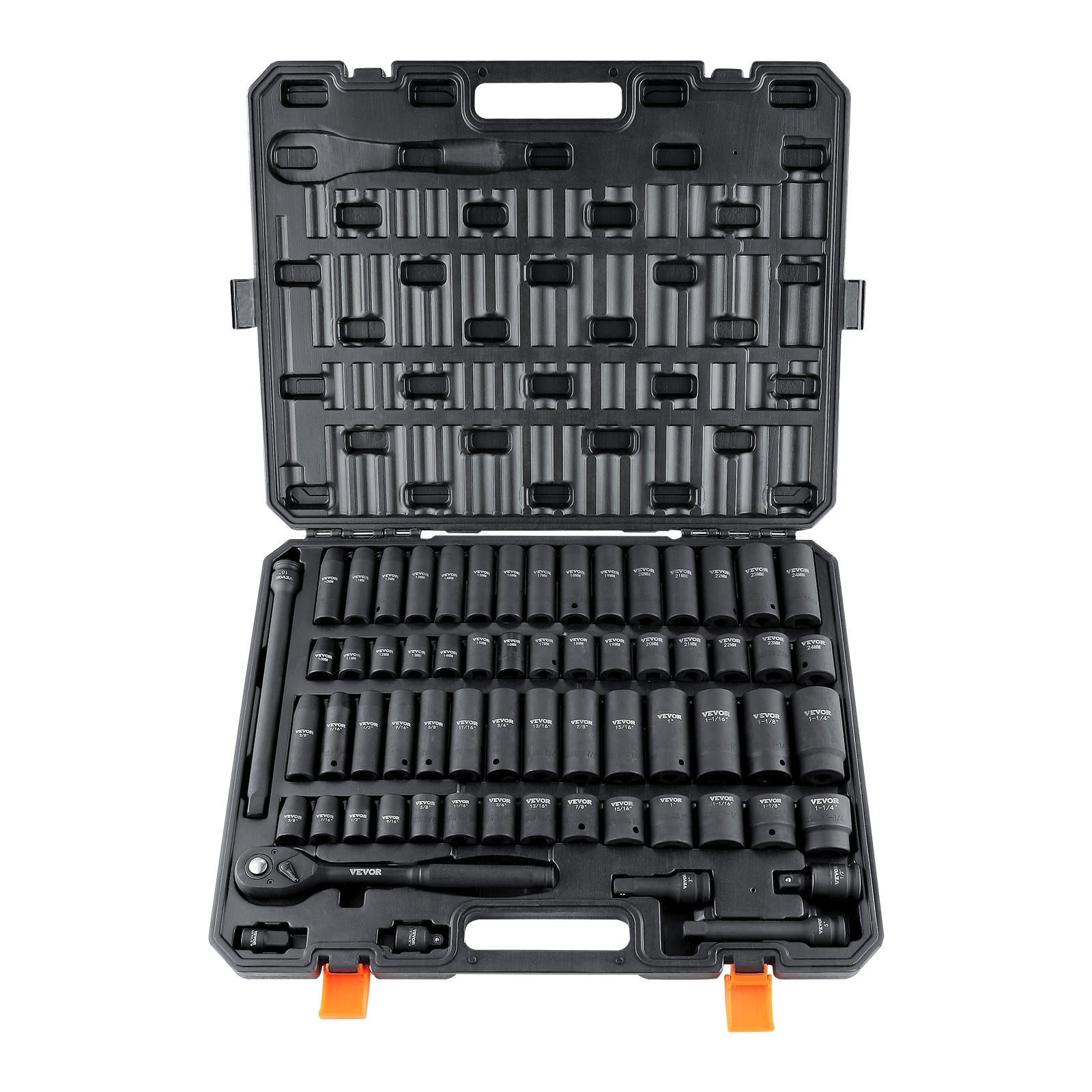 VEVOR Drive Impact Socket Set, 65 Piece Socket Set SAE Metric 10-24mm, 6 Point Cr-V Alloy Steel For Auto Repair, Rugged Construction, Easy-to-Read Size Markings, Storage Case