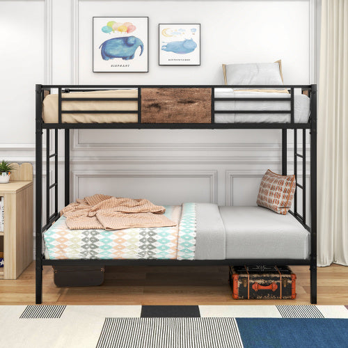 Coocosh twin over twin durable bunk bed made of stylish black metal, perfect for enhancing space in cozy bedrooms or as a space-saving choice.