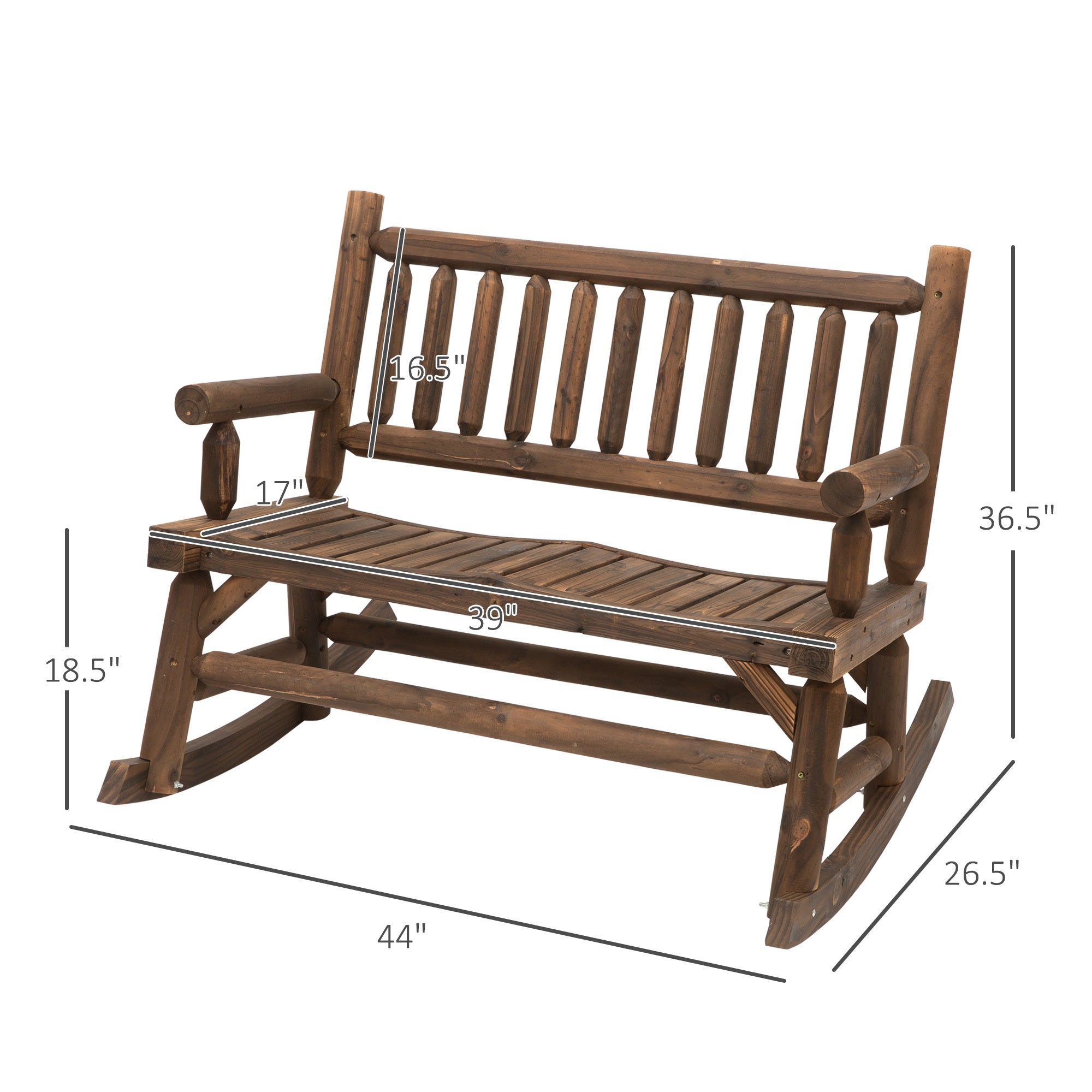Coocosh Rocking Bench made of sturdy wood with a rustic finish, featuring ample seating space; dimensions 44" L x 36.5" H x 26.5" D, designed for comfortable outdoor relaxation.