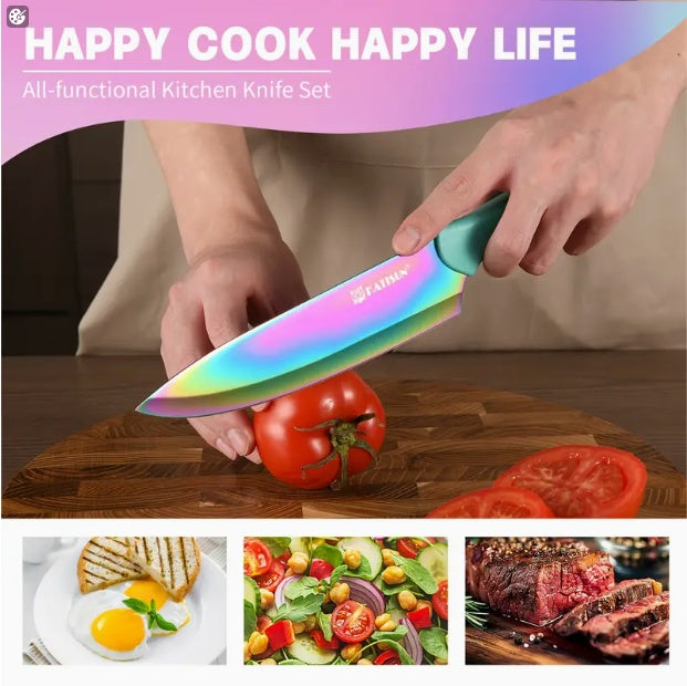 14-Piece Rainbow Colored High Carbon Stainless Steel Kitchen Knife Set with Wooden Stand & Scissors