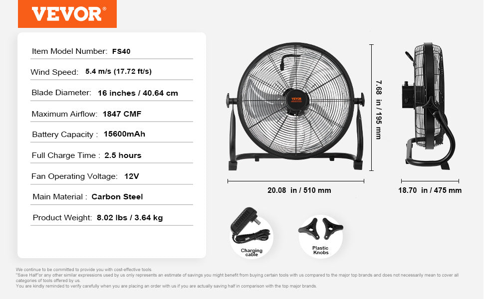 VEVOR Cordless Fan 16 In — Portable Quiet Personal Fan for Home & Office, 360° Pivot, Stepless Speed, 15600mAh