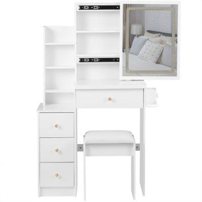 Coocosh vanity table designed for small spaces, featuring a soft cushioned stool and a bright LED mirror, ideal for daily makeup routines.