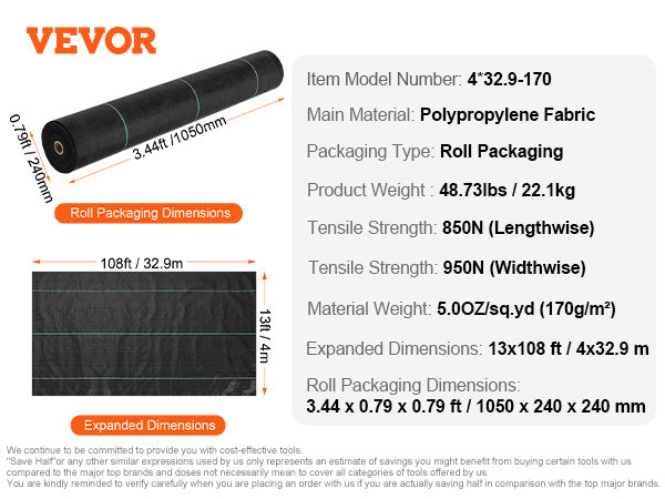 VEVOR 13FT x 108FT Premium Heavy Duty Weed Barrier Landscape Fabric, 5OZ