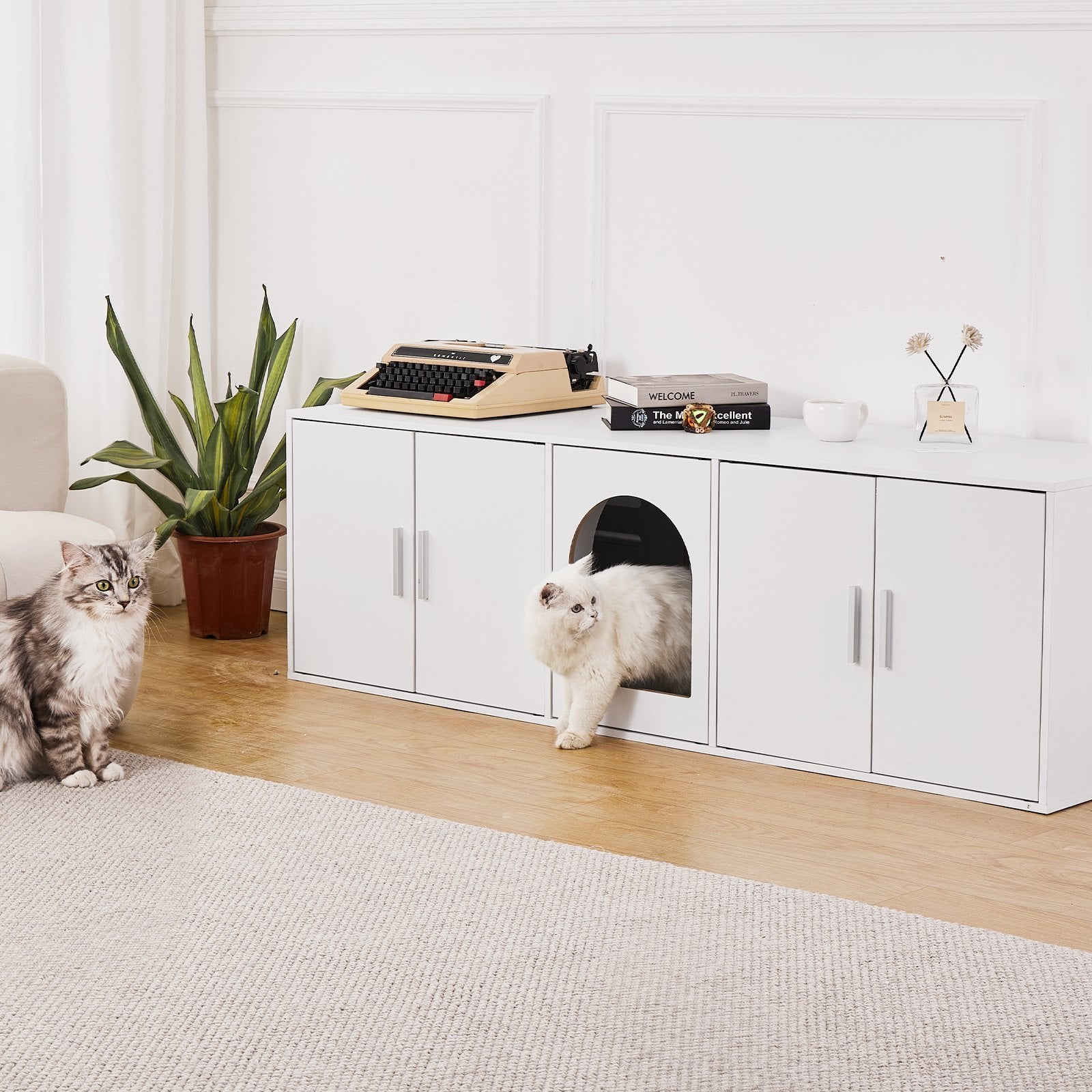 Cat Litter Box Furniture Enclosure – Hidden Bench Cabinet, White