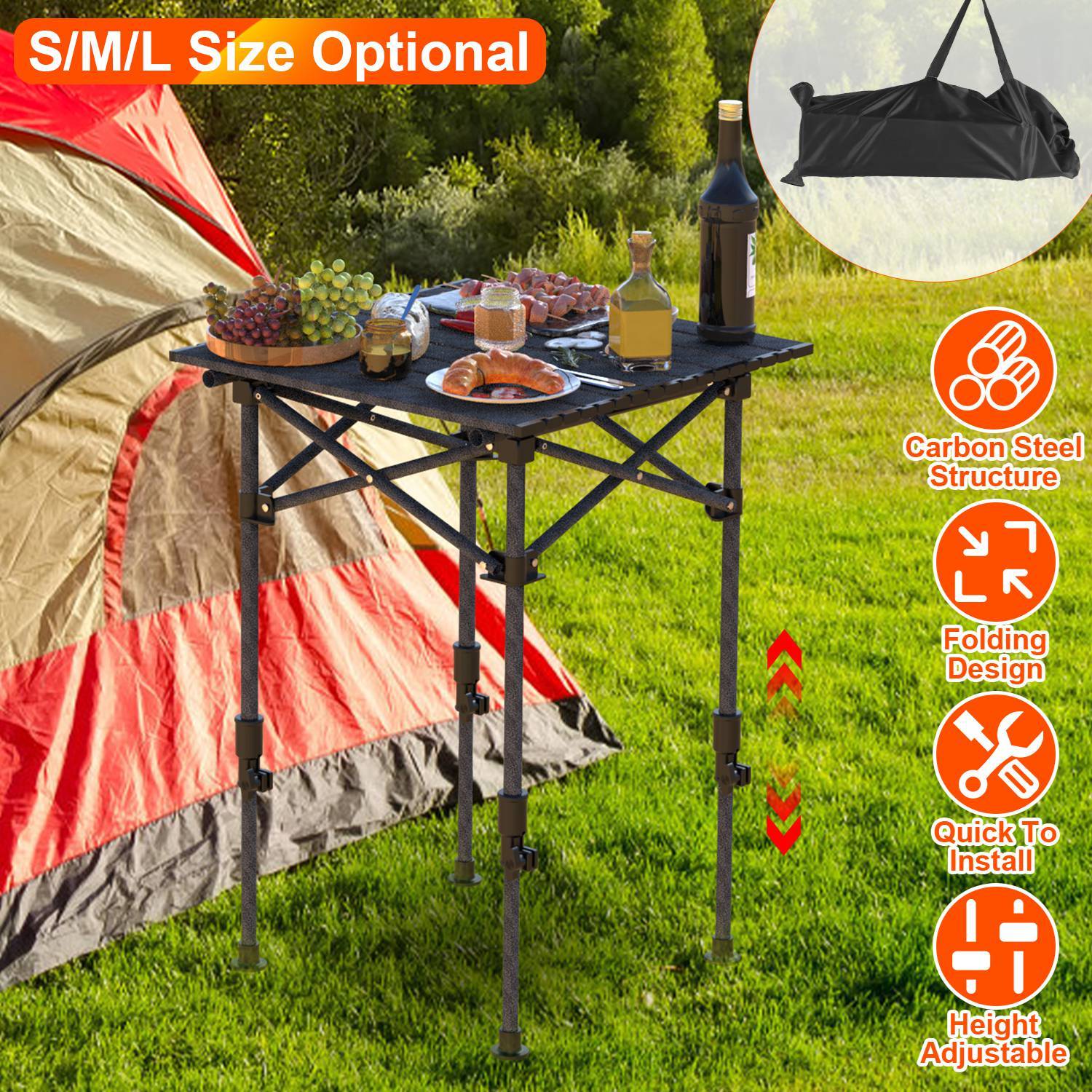 S-M-L Portable Folding Camping Table - Adjustable Height Rustproof Carbon Steel Roll-Up Table