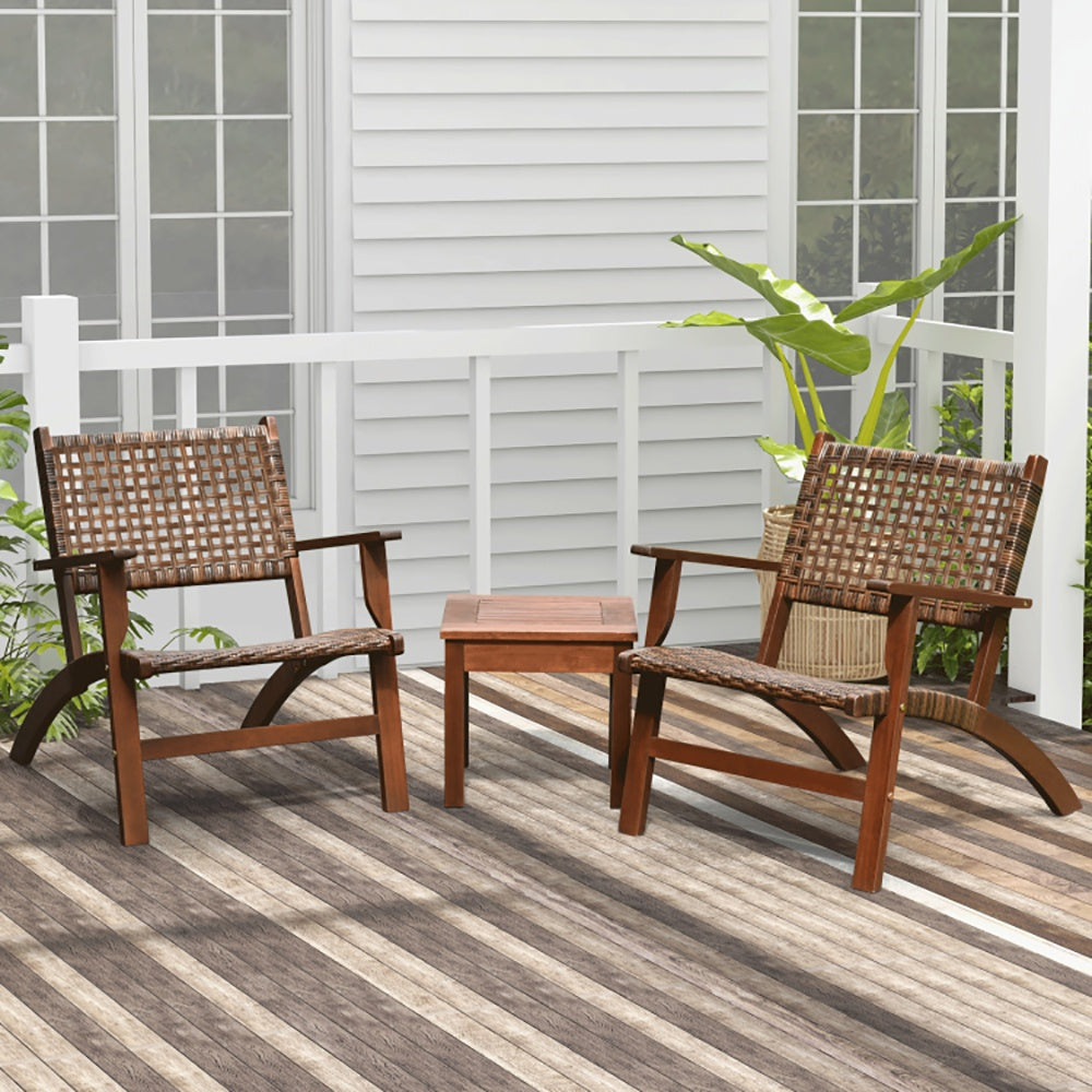 Coocosh outdoor rattan furniture set combining elegant armchairs with a coffee table, crafted from PE rattan and durable eucalyptus wood, ideal for enhancing your patio atmosphere.