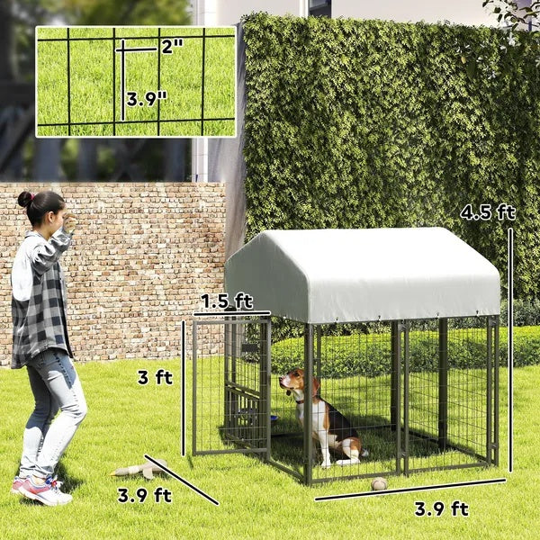Welded Wire Outdoor Dog Kennel With 360 Rotating & 4 Levels Adjustable Bowls, Waterproof Cover