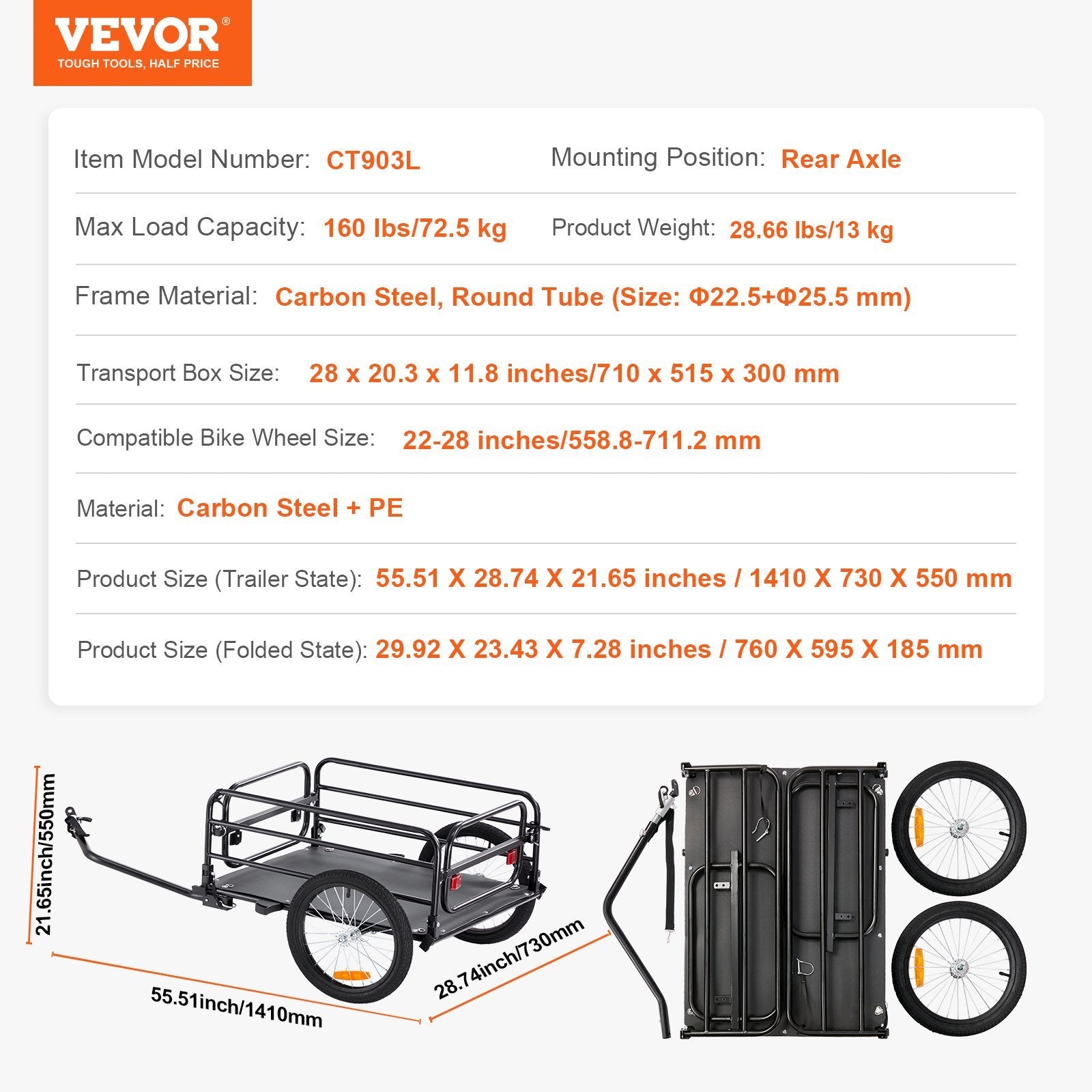 Bike Cargo Trailer – 160 lb Folding Bicycle Wagon w/ Universal Hitch & Reflectors