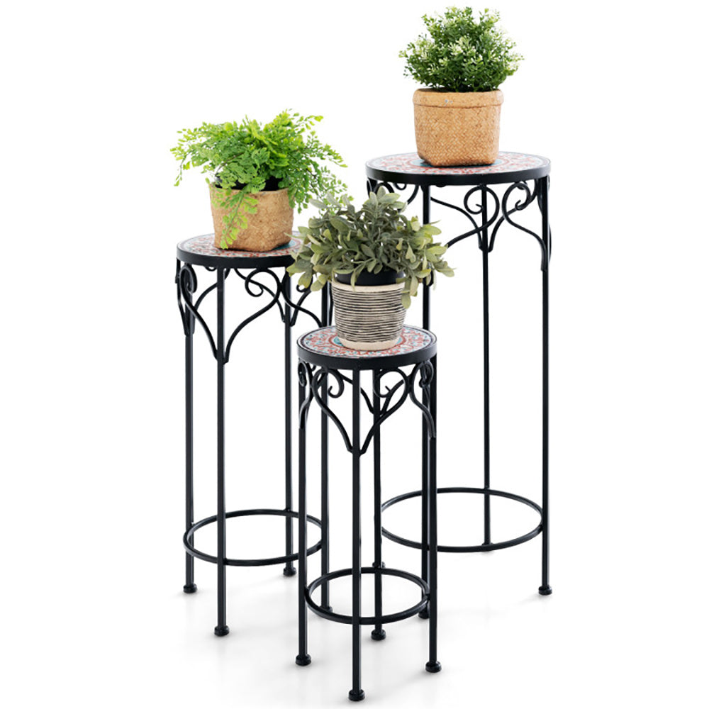 Coocosh Plant Stand Set, Decorative Metal Stands, Black with Colorful Tile Top, Three Different Heights, Display for Indoor Plants, Elegant Design to Enhance Home Decor.