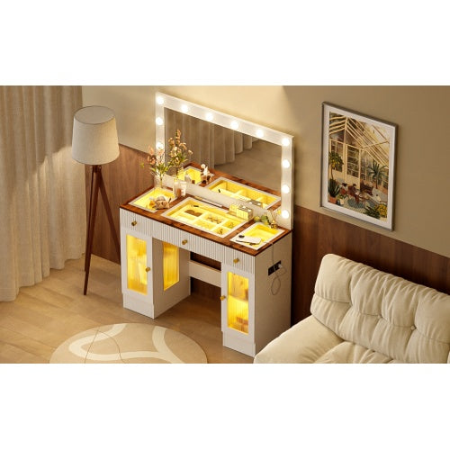 43.3" Vanity Desk With Large Mirror & Hollywood Bulbs — Modern Glass Top Makeup Vanity with Drawers, RGB Cabinets & Power Outlet