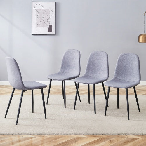 Luxury Simple Chair - Set of 4 Light Gray Linen-Cotton Dining Chairs with Black Metal Legs