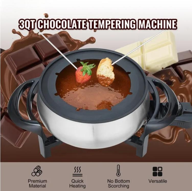 Coocosh 3QT Chocolate Tempering Machine crafted from premium stainless steel, featuring dual heating rods for quick melting. Sleek silver color, ideal for fondue parties and dessert displays, enhancing your culinary experience.