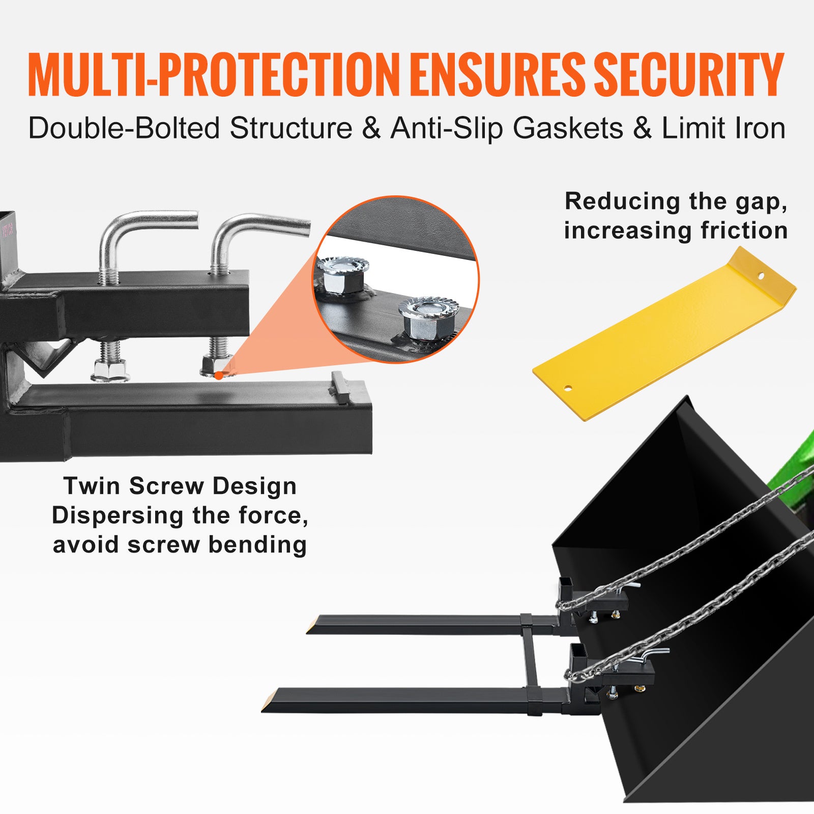 VEVOR 60" Clamp-On Pallet Forks — 4,000 lb Capacity, Adjustable Stabilizer