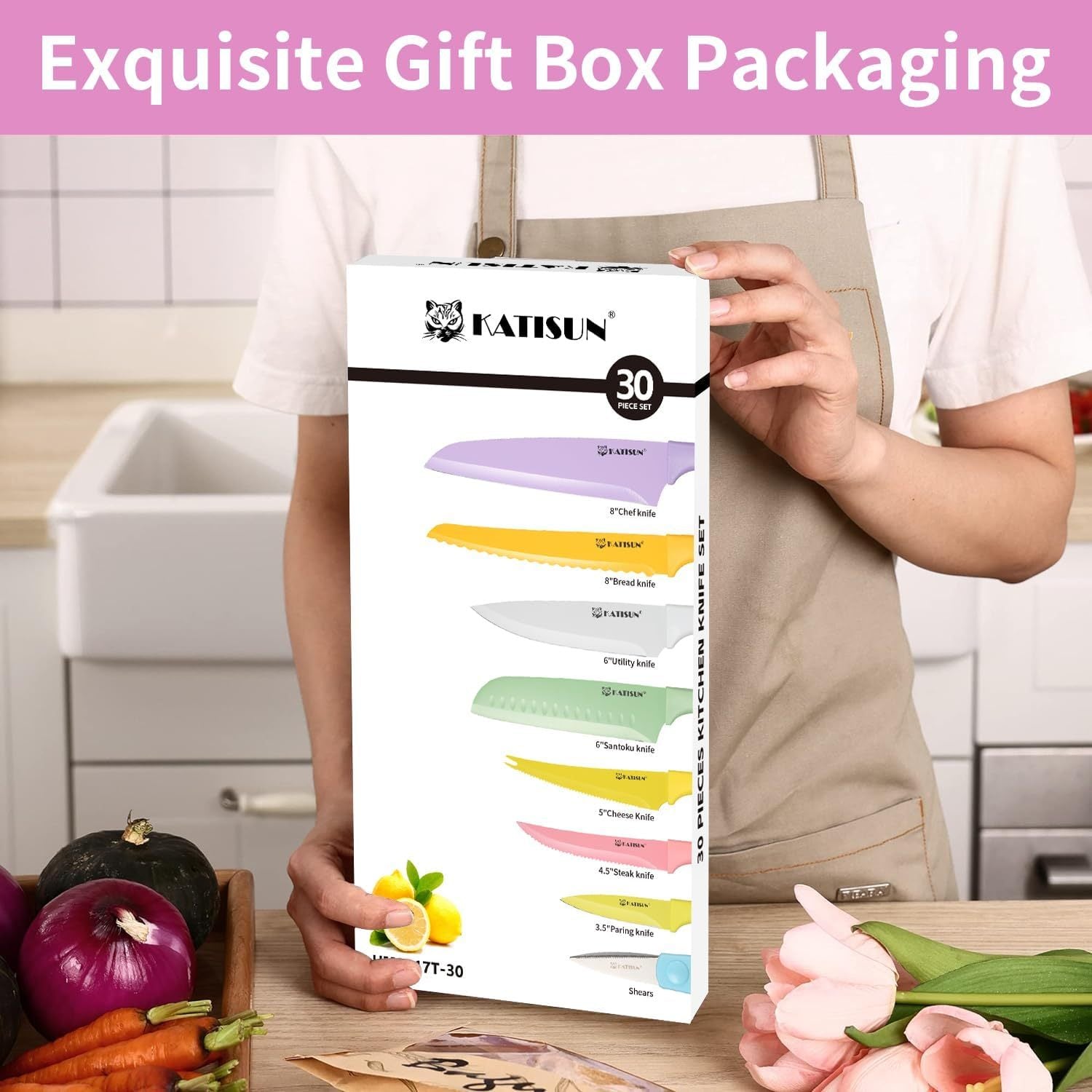 30-Piece Knife Set with Cutting Board — Colorful Stainless Steel Kitchen Knives