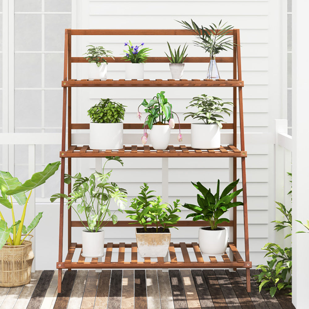 3-Tier Bamboo Ladder Shelf Foldable Plant Flower Bookshelf