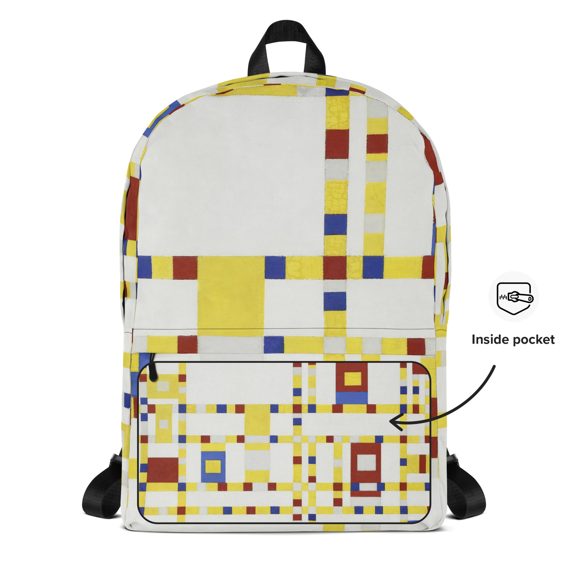 Coocosh Broadway Boogie Woogie geometric abstract backpack, featuring vibrant yellow, blue, and red blocks, ergonomically designed for comfort, perfect for daily adventures or stylish commuting, with a functional front pocket and water-resistant fabric for versatility.