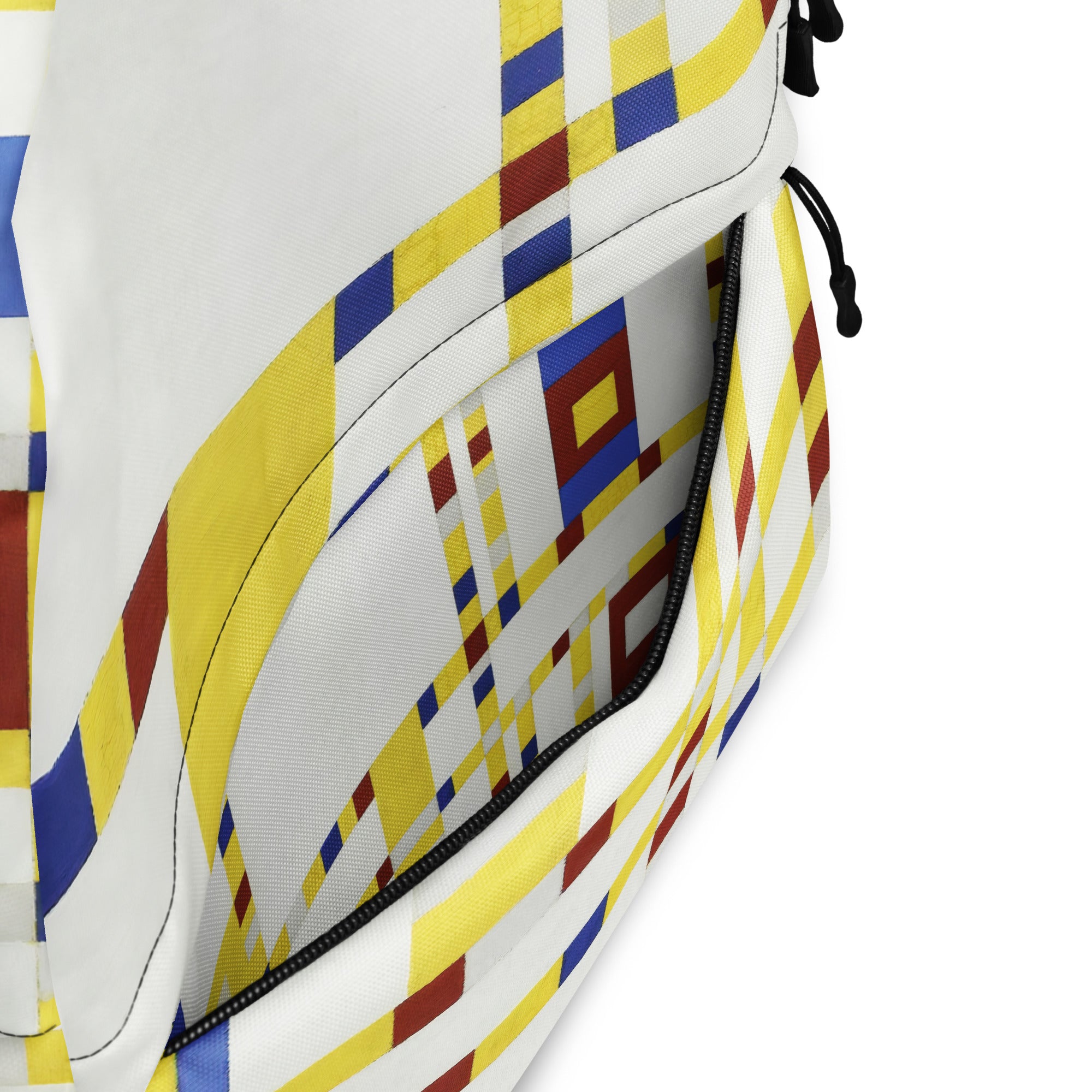 Coocosh's Broadway Boogie Woogie Geometric Abstract Backpack showcases a vibrant design in yellow, red, and blue, featuring ergonomic straps and a laptop compartment. Ideal for daily adventures, its water-resistant fabric ensures style and practicality from any angle.