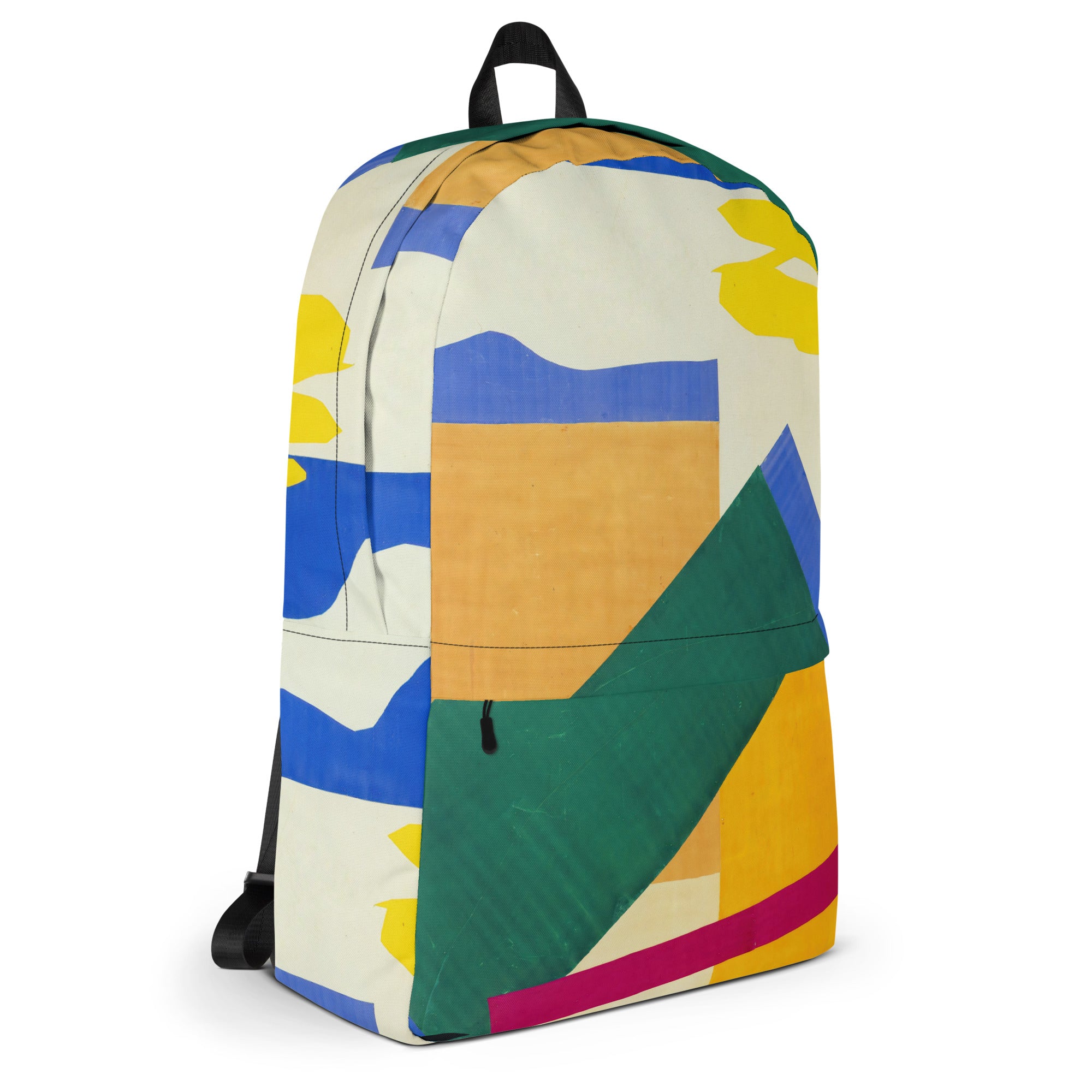 Coocosh Memory of Oceania backpack features an eye-catching abstract geometric design in vibrant blue, green, yellow, and orange. Crafted from water-resistant material, it offers durable storage for daily adventures, complete with ergonomic straps for comfort and style.