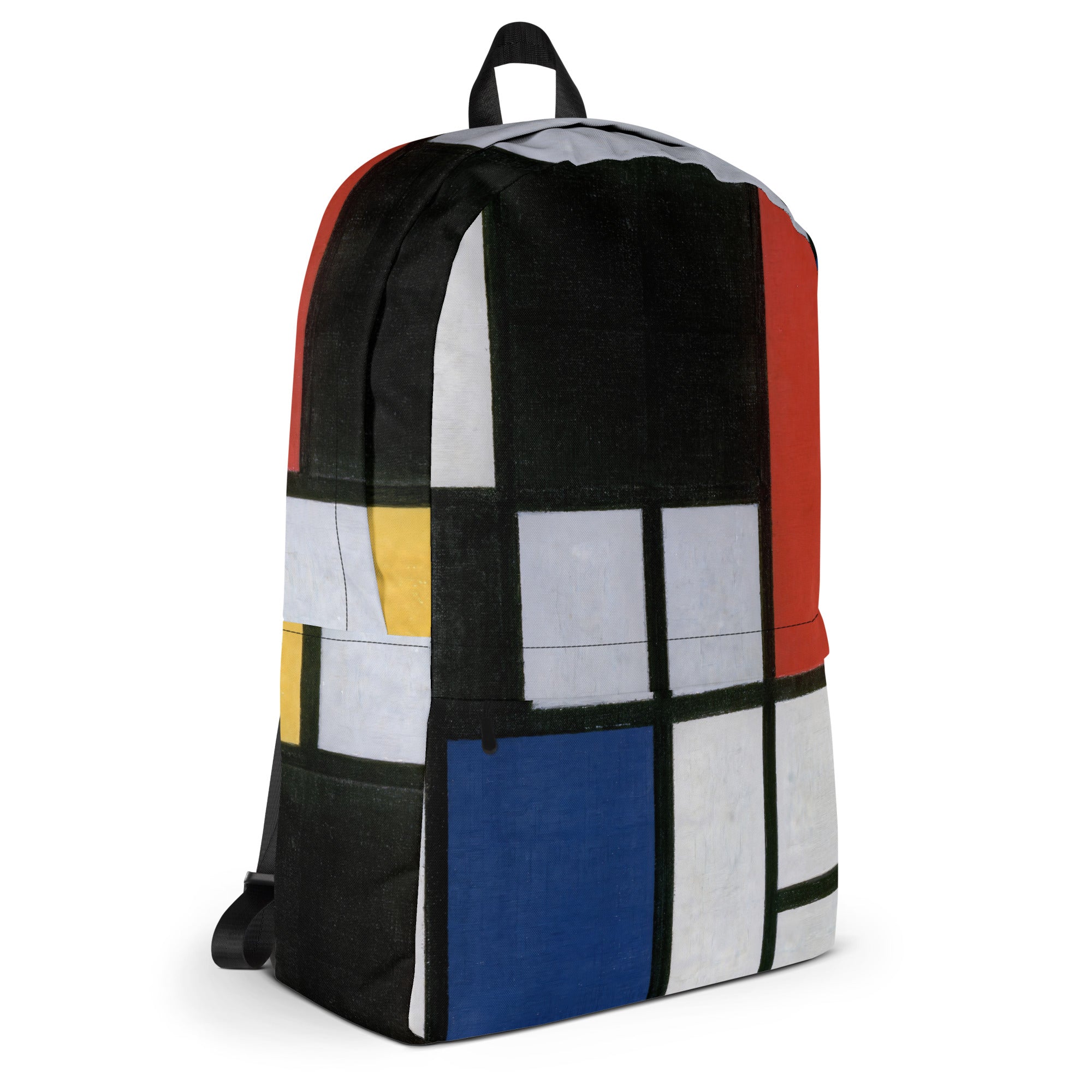Coocosh Mondrian-inspired backpack, featuring vibrant geometric designs in red, blue, yellow, black, and white. This water-resistant bag blends fashion with function, offering durable ergonomic straps and a spacious laptop compartment for versatile, stylish daily adventures.