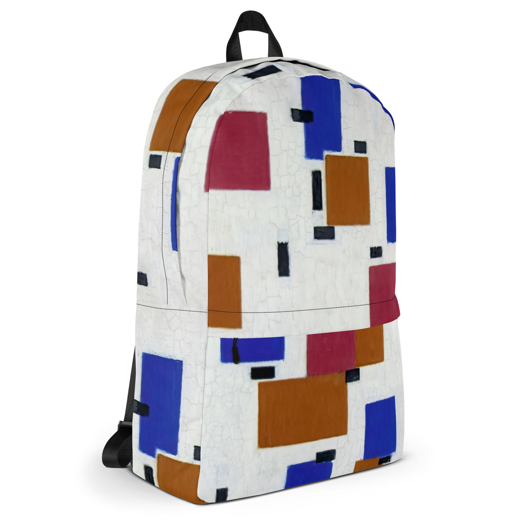 Coocosh modern abstract geometric backpack, featuring a striking blend of red, blue, brown, and black against a light background. Crafted from durable, water-resistant polyester, it offers versatile style and functionality for daily use, seamlessly accommodating your laptop on sports outings.