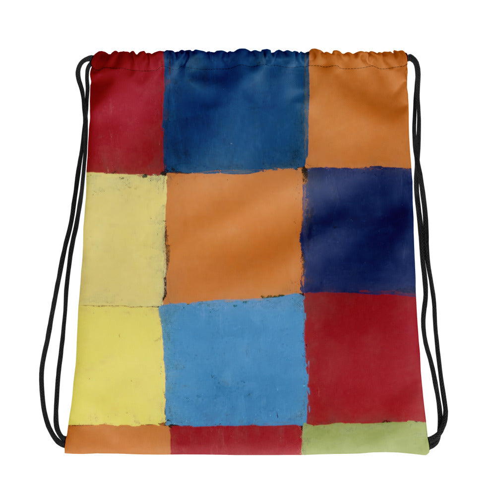 Coocosh vibrant patchwork drawstring backpack, featuring a playful grid of colors in blue, orange, yellow, red, and green, ideal for sports and gym activities. This lightweight and durable bag combines style and function, ensuring versatility for any adventure.