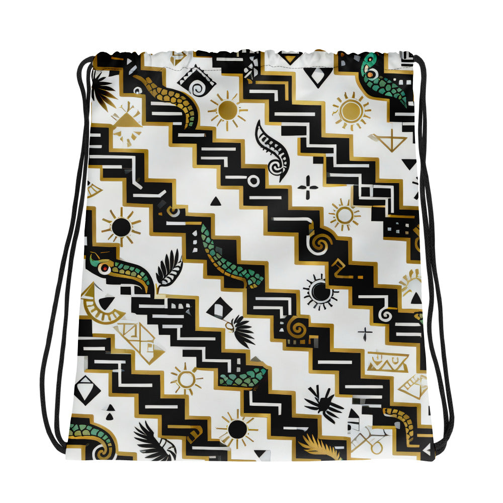 Coocosh Serpents Path geometric drawstring bag, adorned with an artistic blend of black, white, gold, and green motifs, offers a stylish solution for everyday carrying needs and gym essentials, combining durability with eye-catching design.