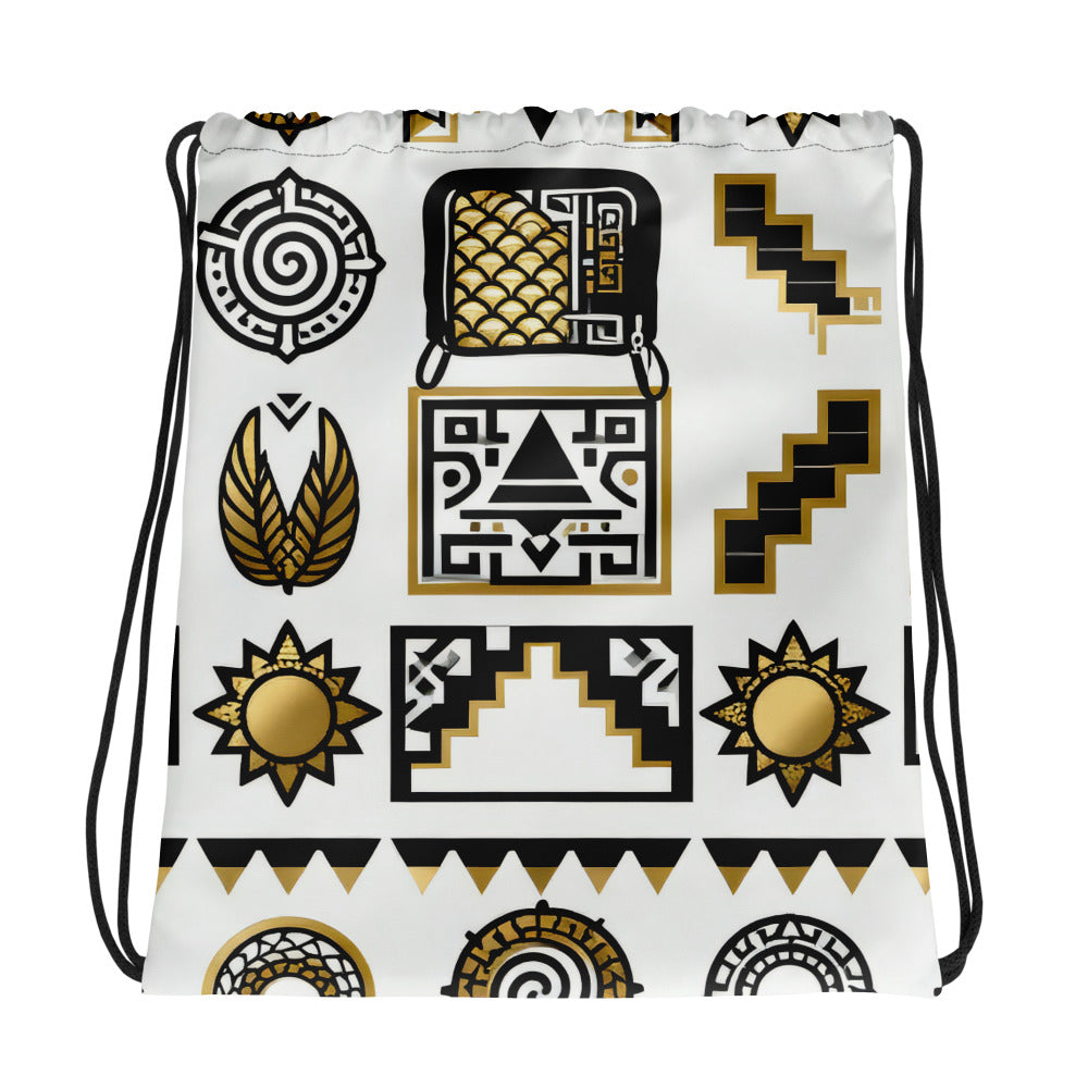 Coocosh drawstring bag with striking black and gold geometric patterns on a crisp white backdrop, offering a sleek solution for daily essentials. Crafted from durable 100% polyester, this lightweight bag combines vibrant style with easy portability for any adventure.