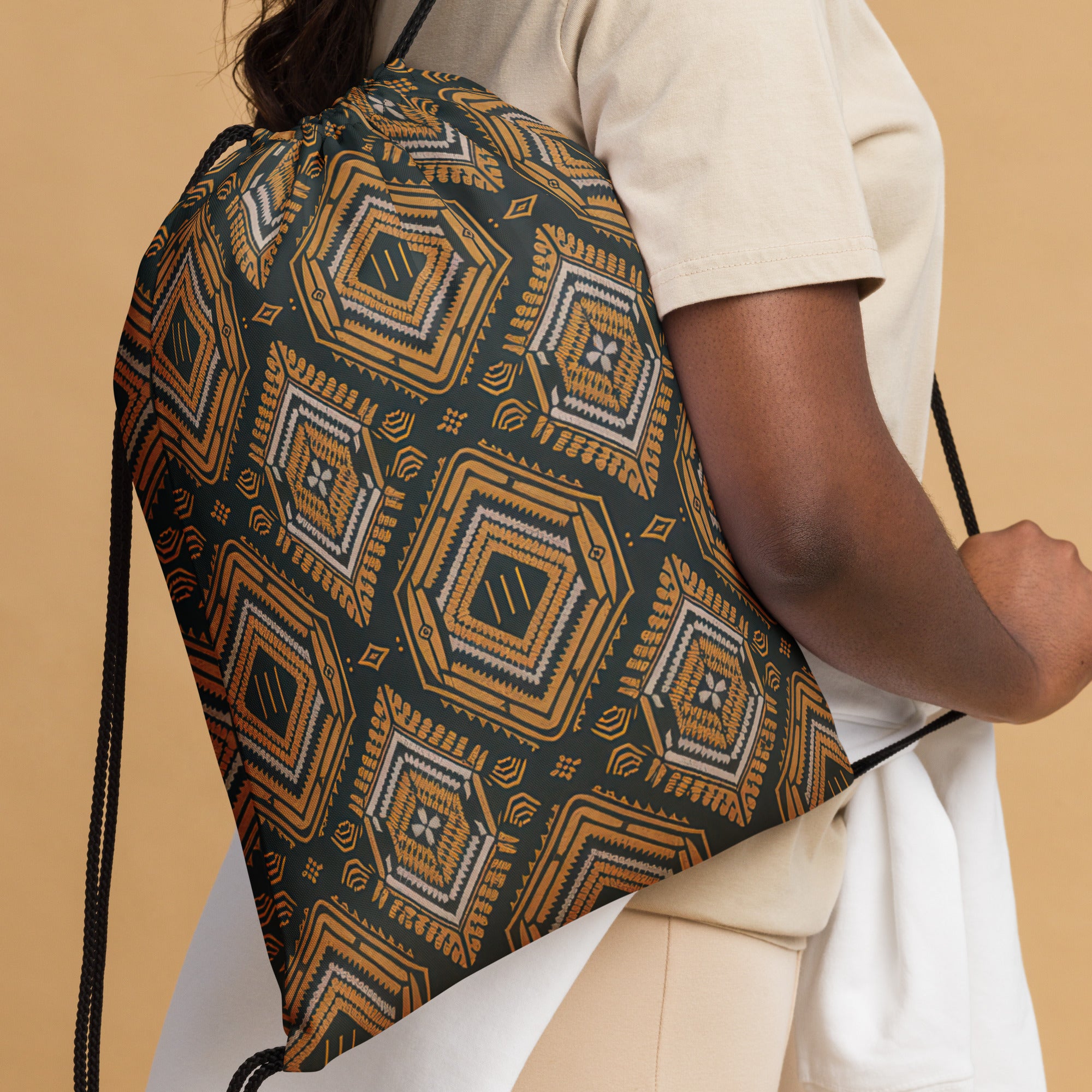Coocosh Obsidian Weave drawstring bag showcases a stunning geometric design in earthy tones, effortlessly blending style with function. Perfect for gym essentials or daily adventures, its lightweight, durable polyester frame and twin cotton handles ensure a secure and fashionable journey.