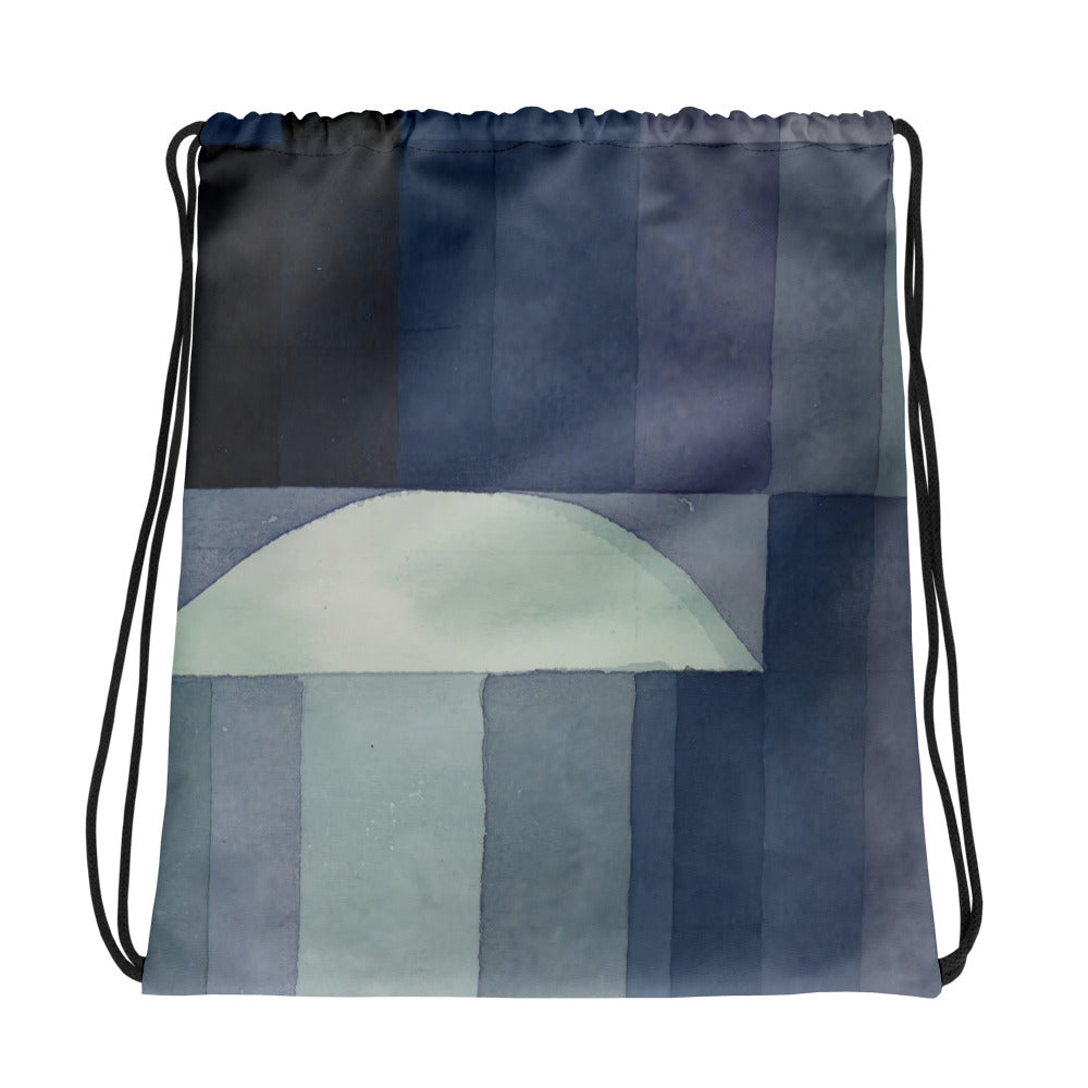 Coocosh drawstring backpack featuring an abstract geometric design in soothing shades of blue, perfect for an active lifestyle. Lightweight and foldable, it offers comfortable carry with its cotton handles, making it a stylish companion for gym sessions or daily adventures.