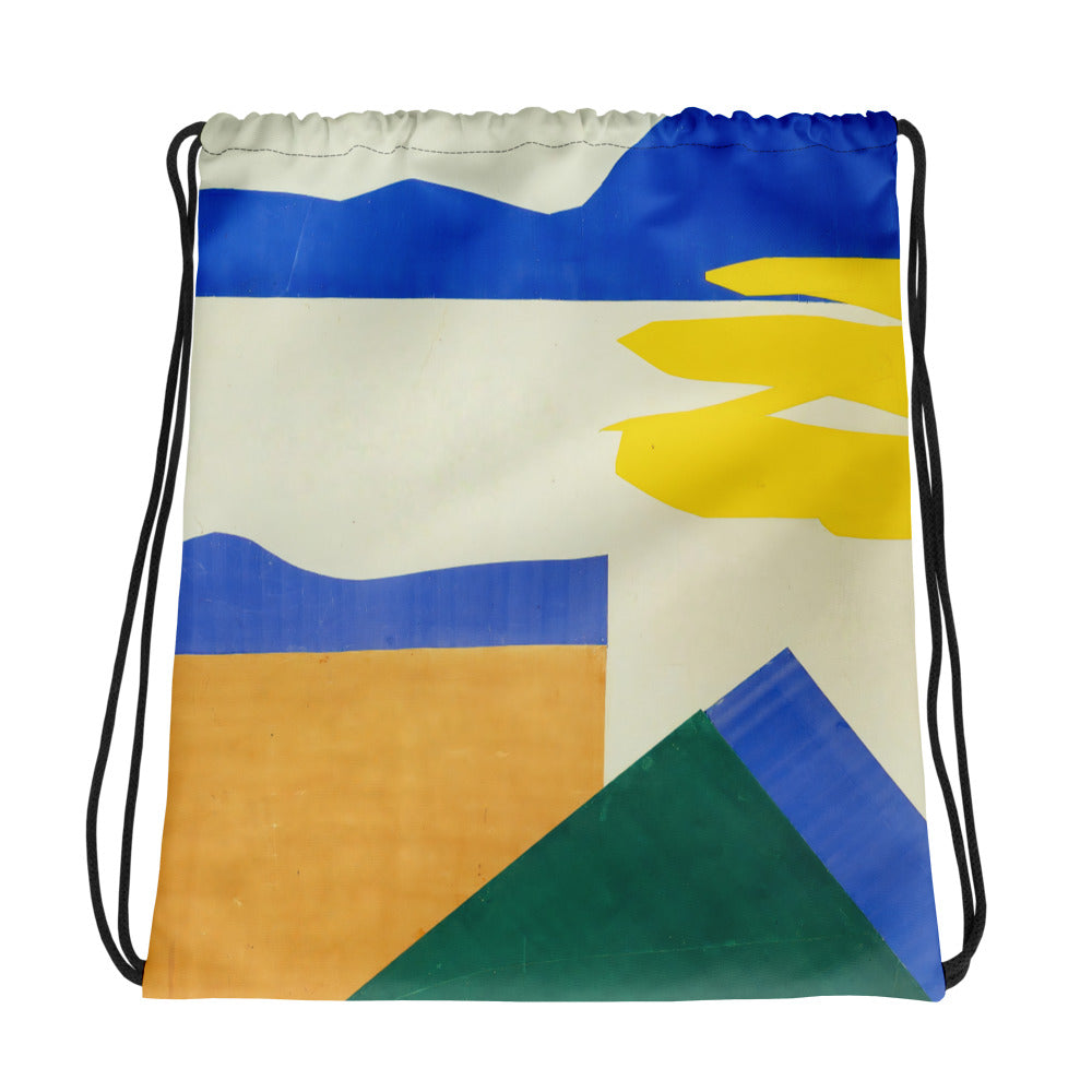 Coocosh Memory of Oceania drawstring bag, featuring an eye-catching abstract geometric design in vibrant blue, yellow, green, and orange. Crafted from durable 100% polyester, this lightweight gym bag blends style with function for an active lifestyle.